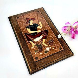 Vintage 1980 Wall Decor - Fishing Scene Enamel on Copper - 11"L - Made in Greece